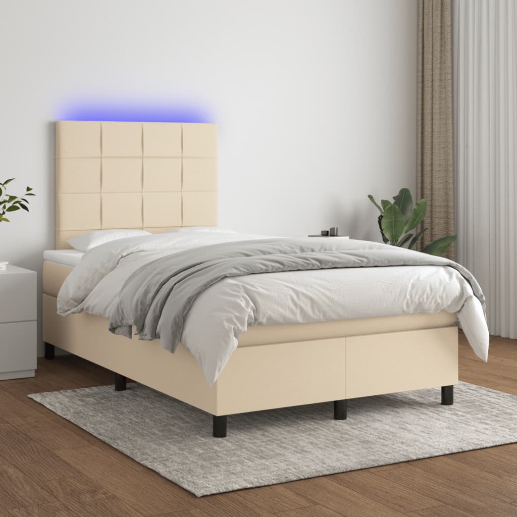 Sommier à lattes de lit matelas et LED crème 120x190 cm tissu - XIOS