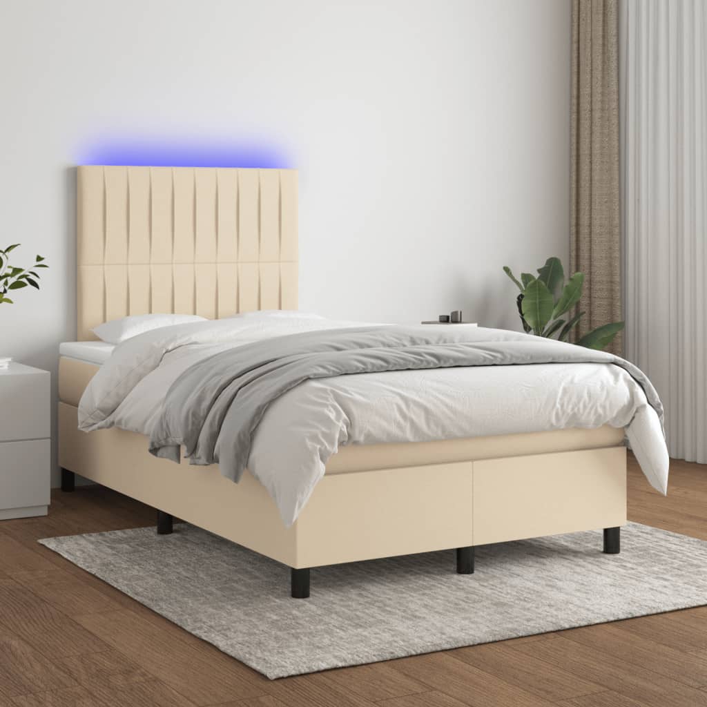 Sommier à lattes de lit matelas et LED crème 120x190 cm tissu - XIOS