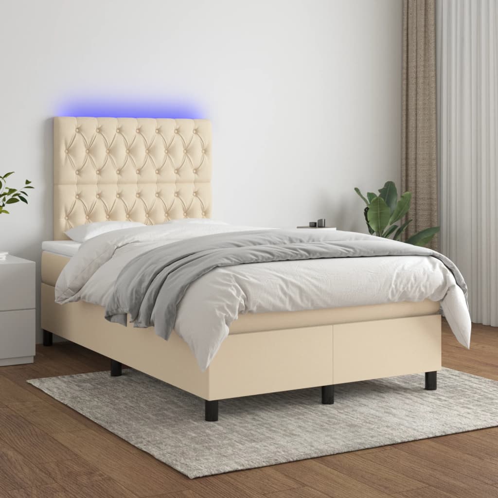Sommier à lattes de lit matelas et LED crème 120x190 cm tissu - XIOS