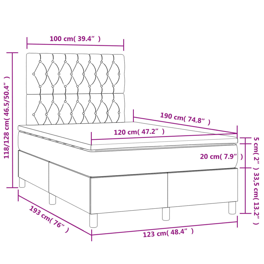 Sommier à lattes de lit matelas et LED crème 120x190 cm tissu - XIOS