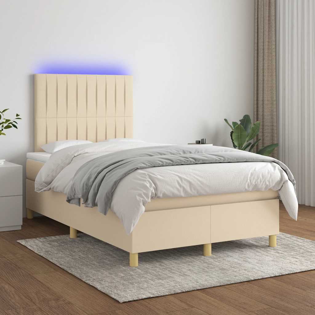 Sommier à lattes de lit matelas et LED crème 120x190 cm tissu - XIOS