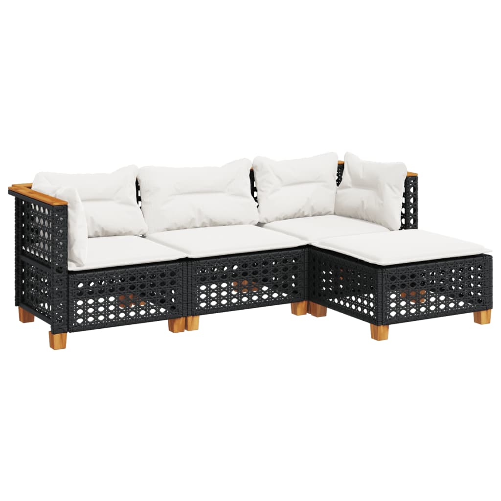 Salon de jardin 4 pcs avec coussins noir résine tressée