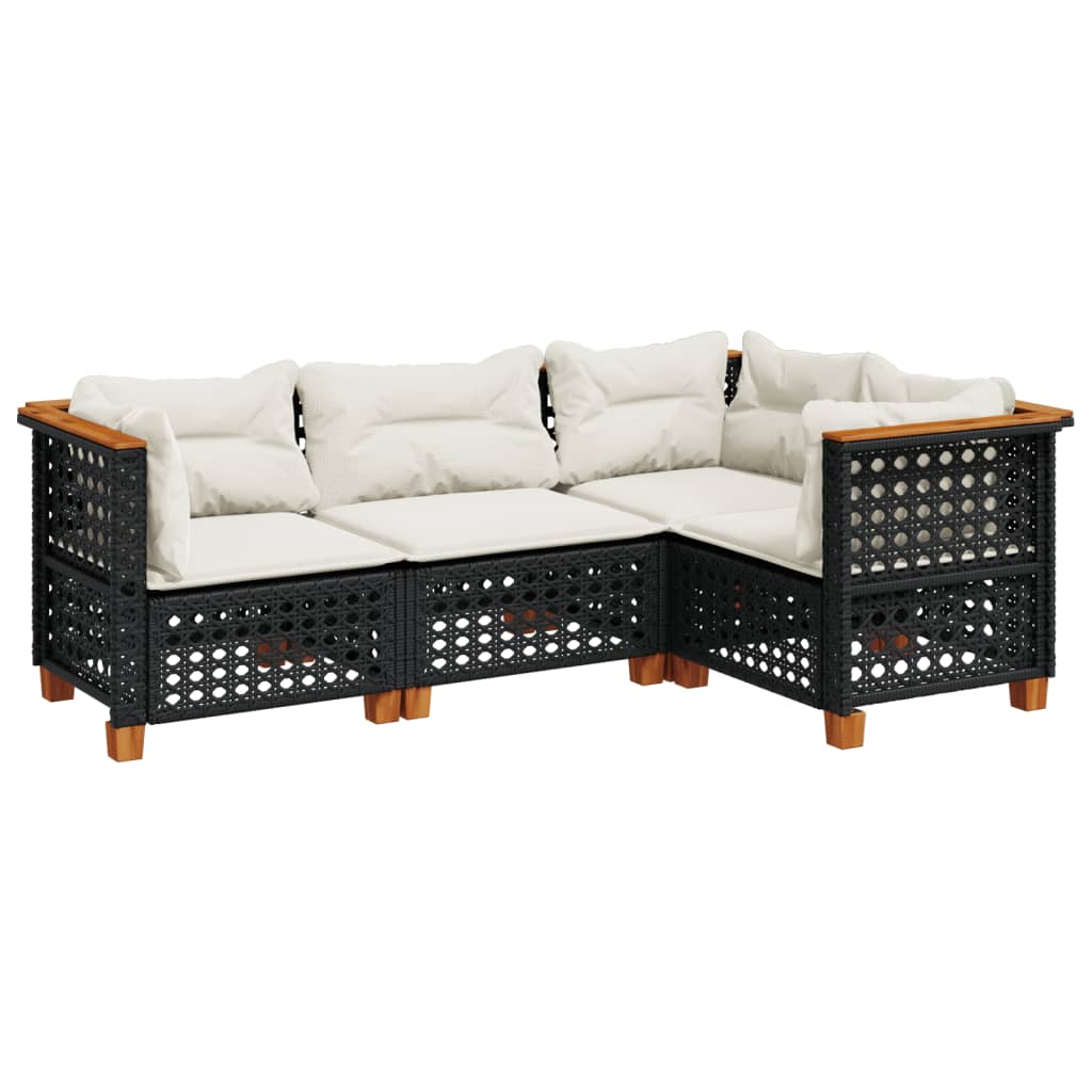 Salon de jardin 4 pcs avec coussins noir résine tressée