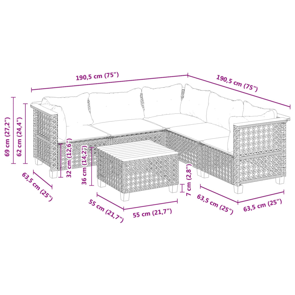 Salon de jardin 6 pcs avec coussins noir résine tressée - XIOS