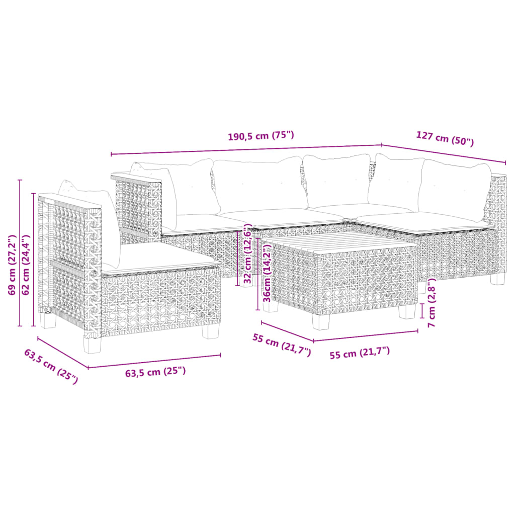 Salon de jardin 6 pcs avec coussins noir résine tressée - XIOS