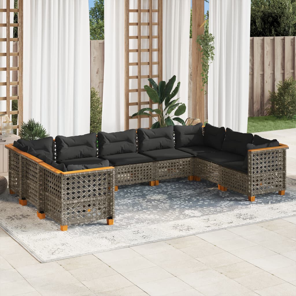 Salon de jardin 9 pcs avec coussins gris résine tressée