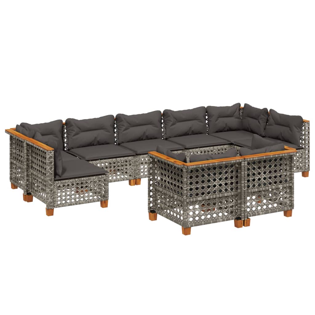 Salon de jardin 9 pcs avec coussins gris résine tressée