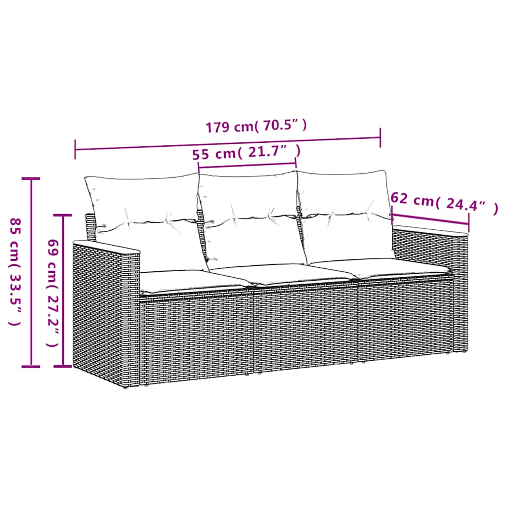 Salon de jardin 3 pcs avec coussins noir résine tressée