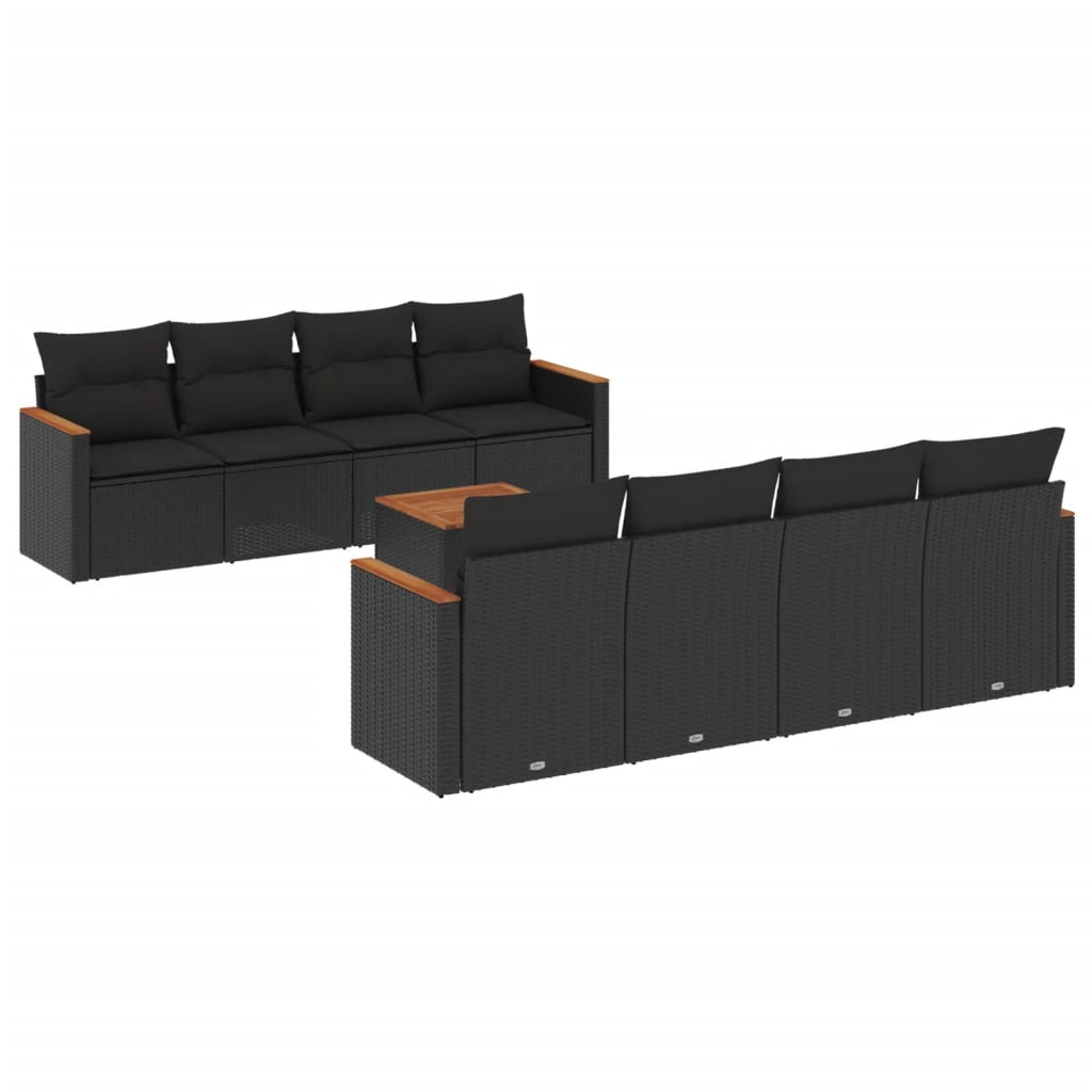 Salon de jardin 9 pcs avec coussins noir résine tressée