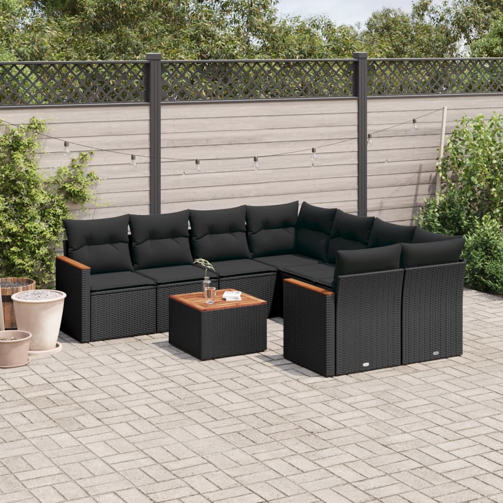 Salon de jardin 9 pcs avec coussins noir résine tressée
