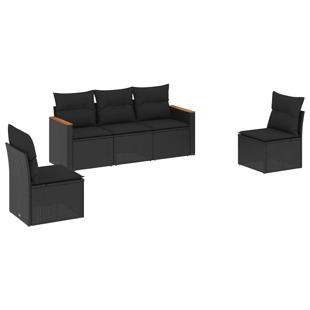 Salon de jardin 5 pcs avec coussins noir résine tressée