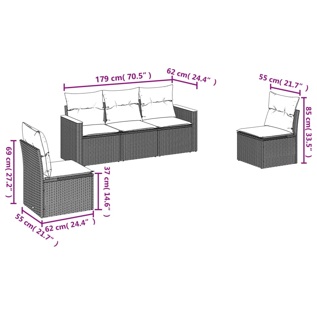 Salon de jardin 5 pcs avec coussins gris résine tressée