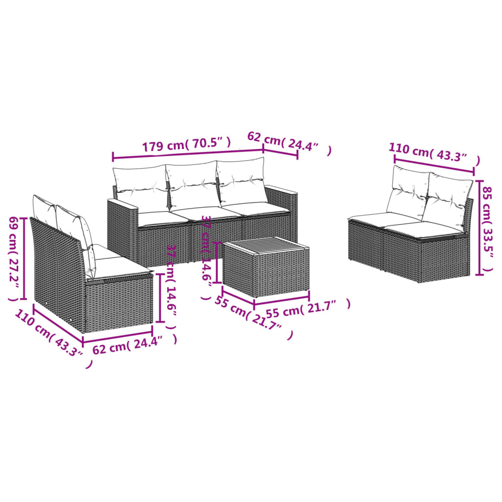 Salon de jardin avec coussins 8 pcs beige résine tressée