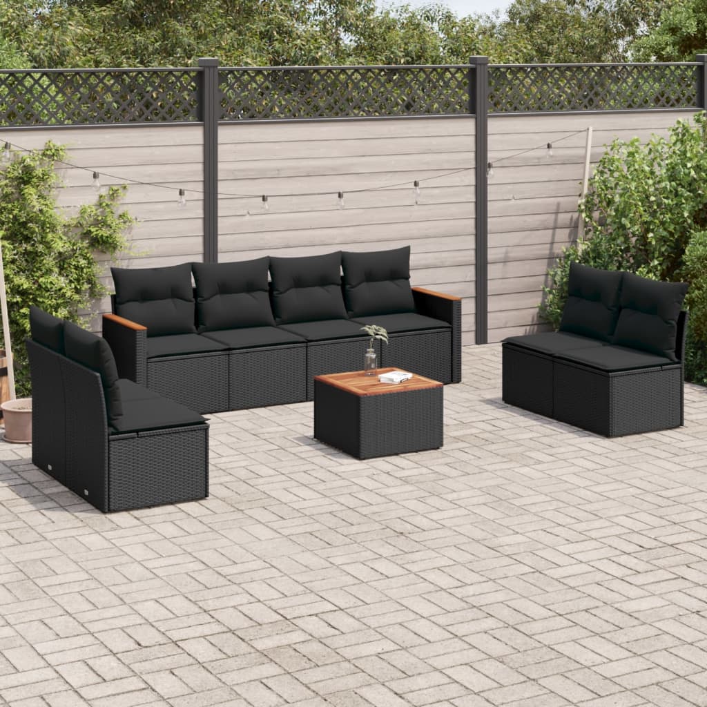 Salon de jardin 9 pcs avec coussins noir résine tressée