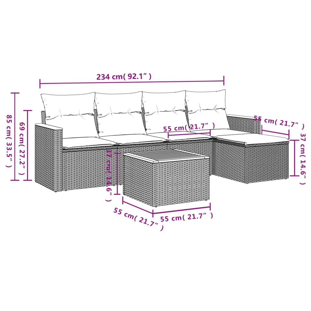 Salon de jardin 6 pcs avec coussins gris résine tressée