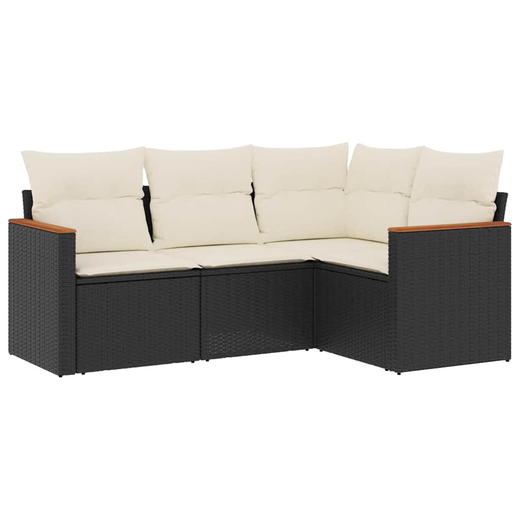 Salon de jardin 4 pcs avec coussins noir résine tressée