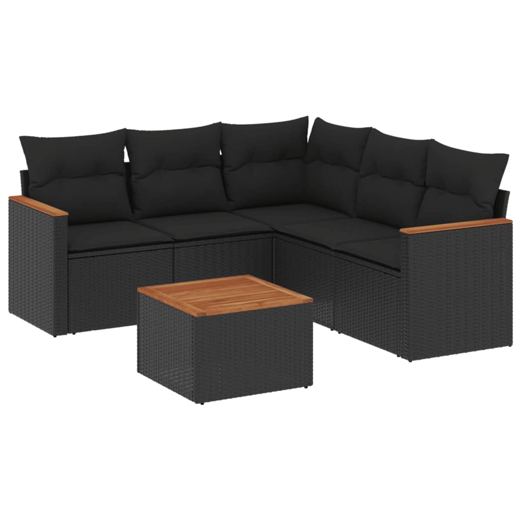 Salon de jardin 6 pcs avec coussins noir résine tressée