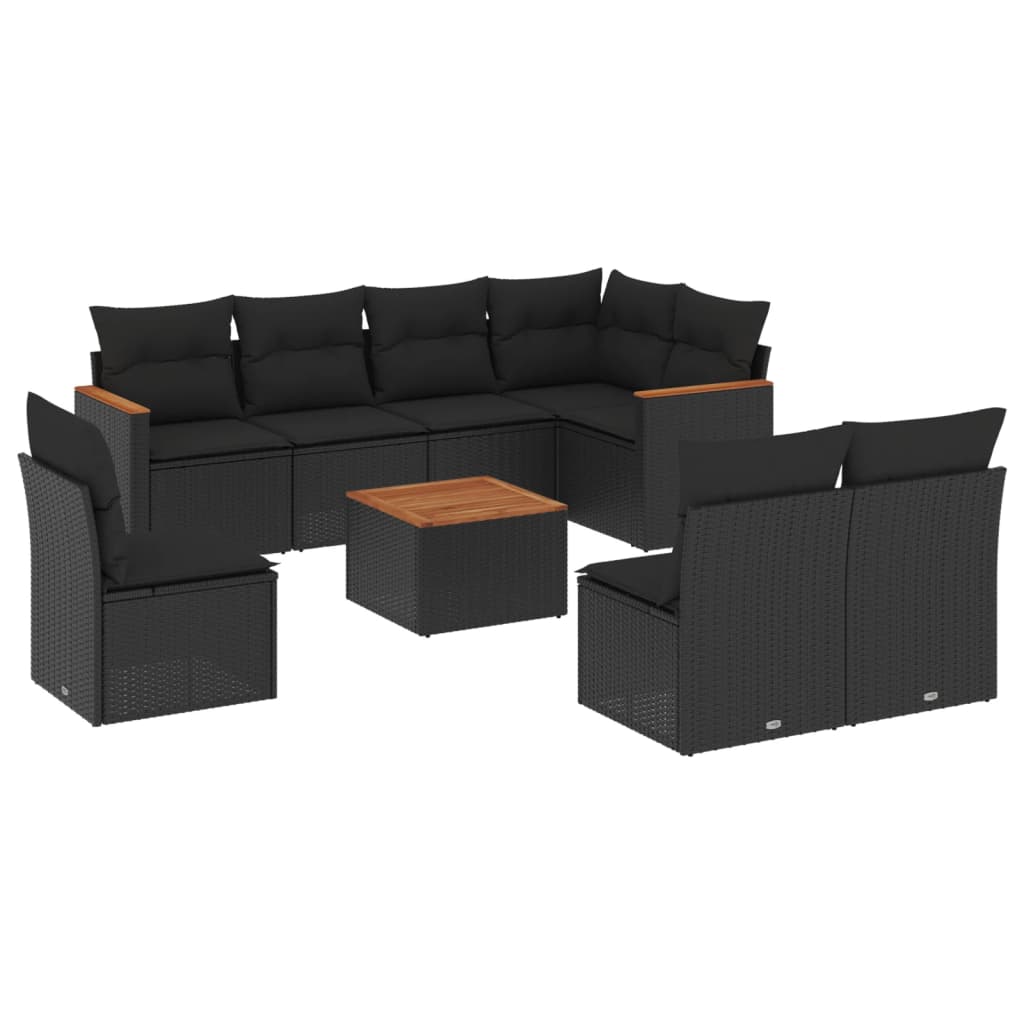 Salon de jardin 9 pcs avec coussins noir résine tressée