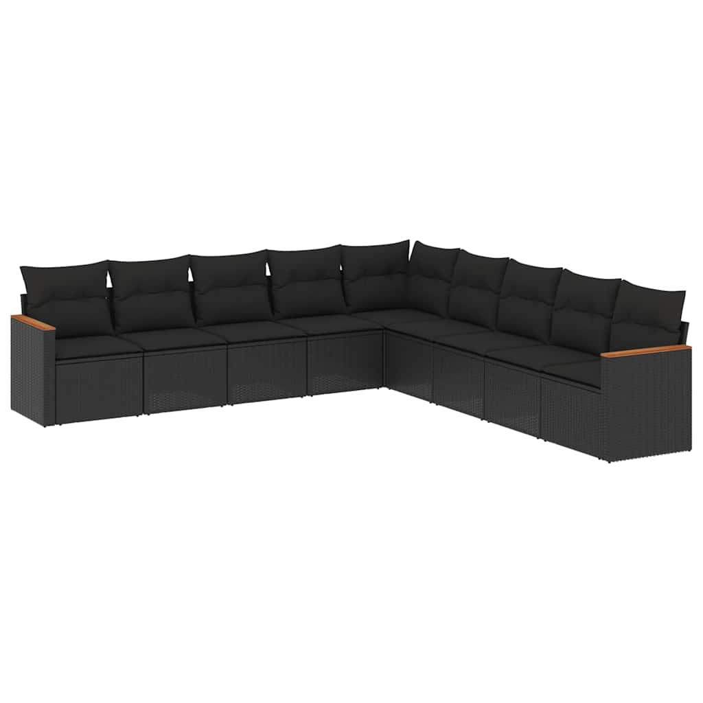 Salon de jardin 9 pcs avec coussins noir résine tressée