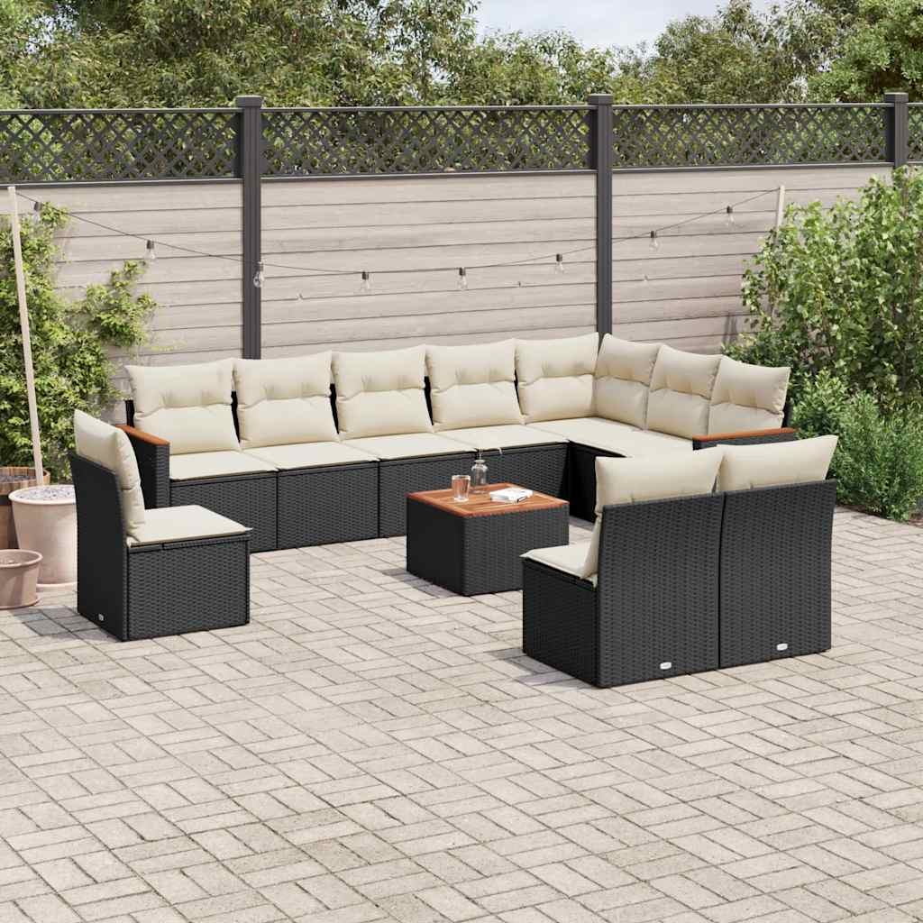 Salon de jardin 11 pcs avec coussins noir résine tressée
