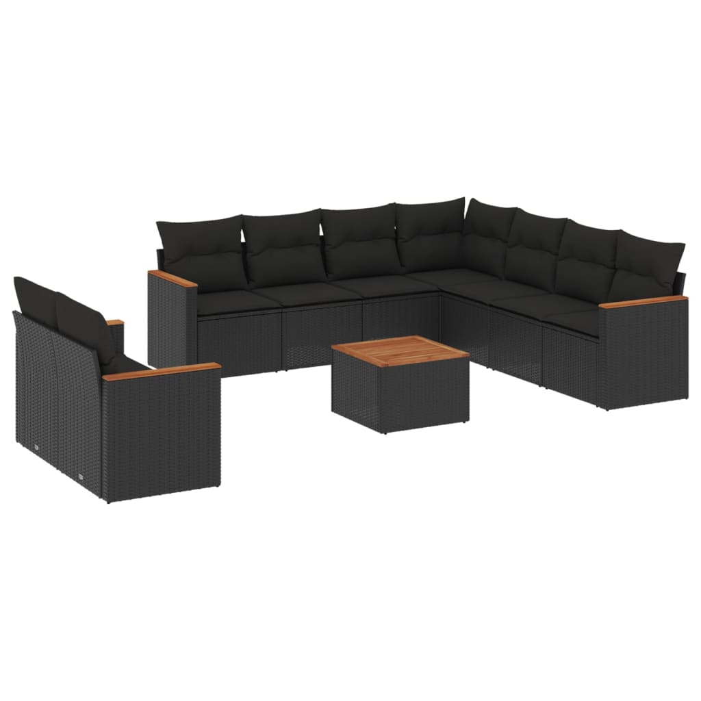 Salon de jardin 10 pcs avec coussins noir résine tressée