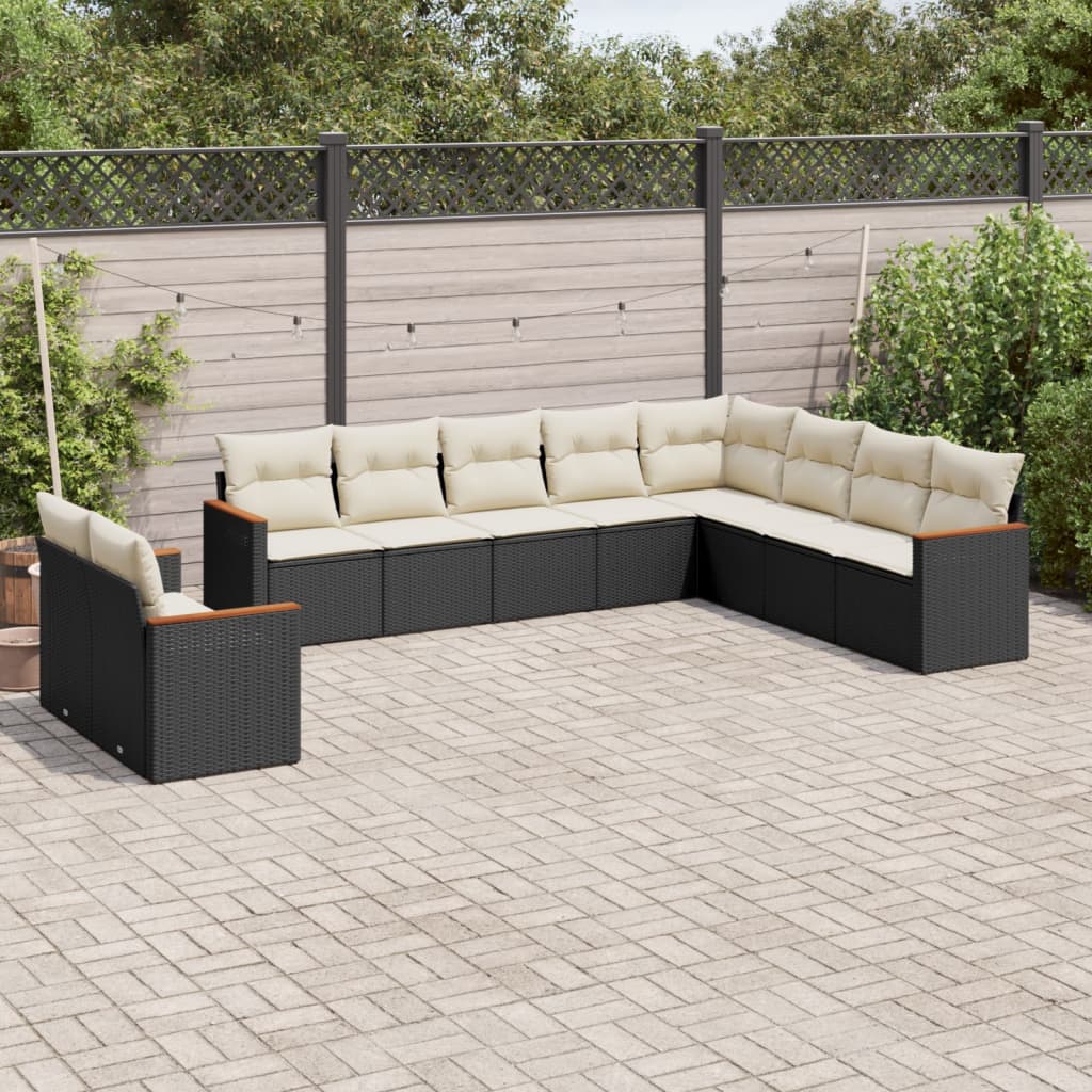 Salon de jardin 10 pcs avec coussins noir résine tressée