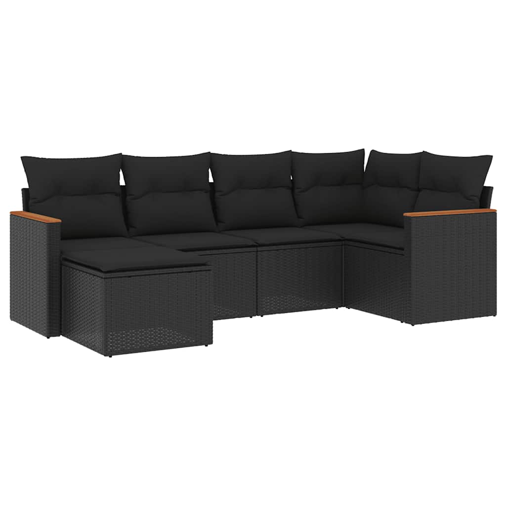 Salon de jardin 6 pcs avec coussins noir résine tressée