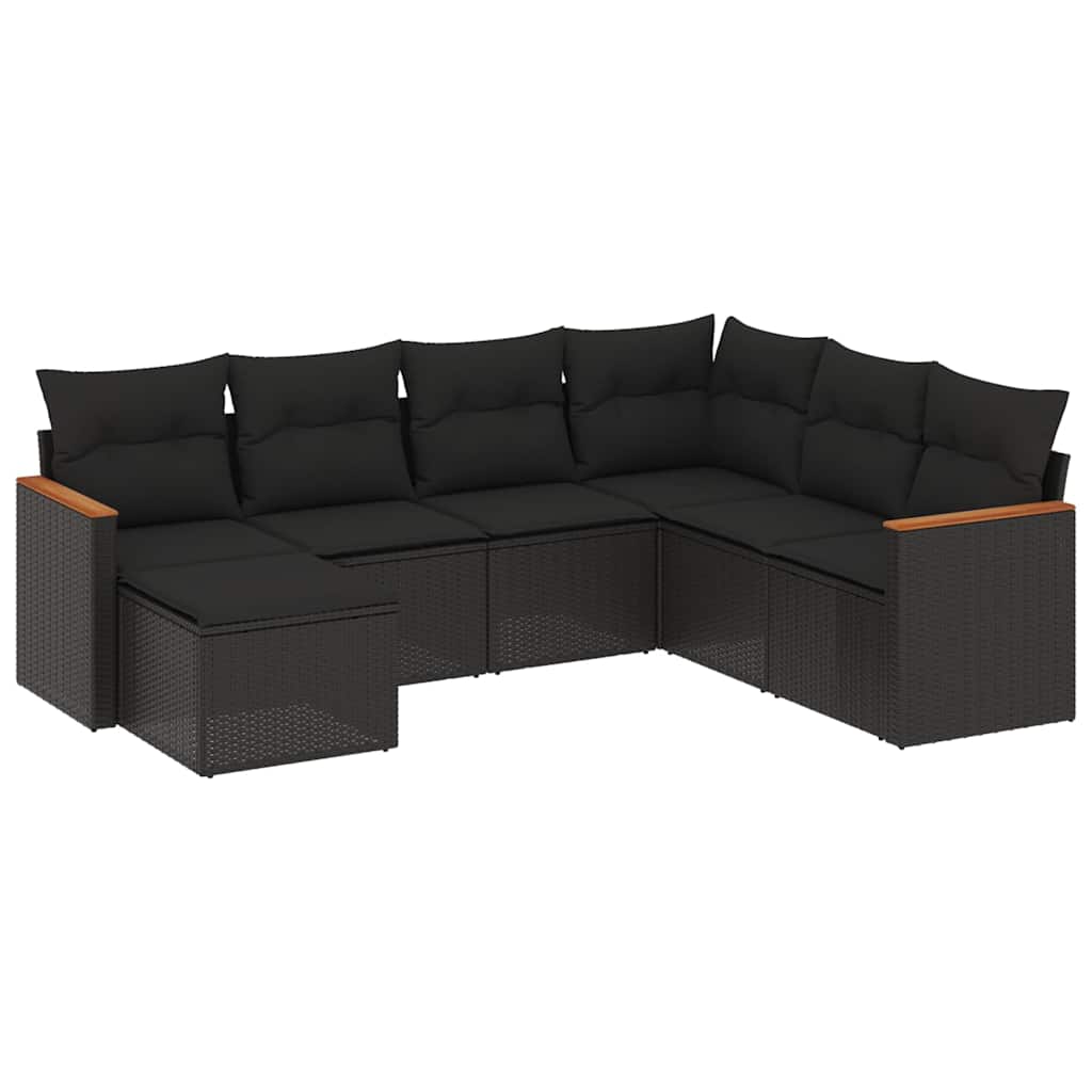 Salon de jardin 7 pcs avec coussins noir résine tressée