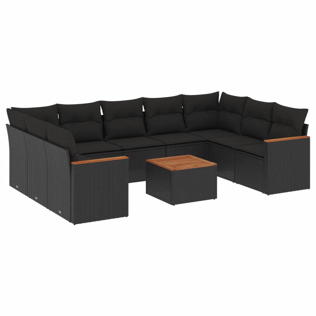 Salon de jardin 10 pcs avec coussins noir résine tressée