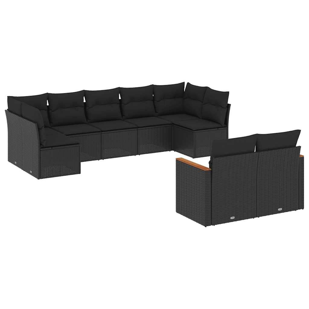 Salon de jardin 9 pcs avec coussins noir résine tressée