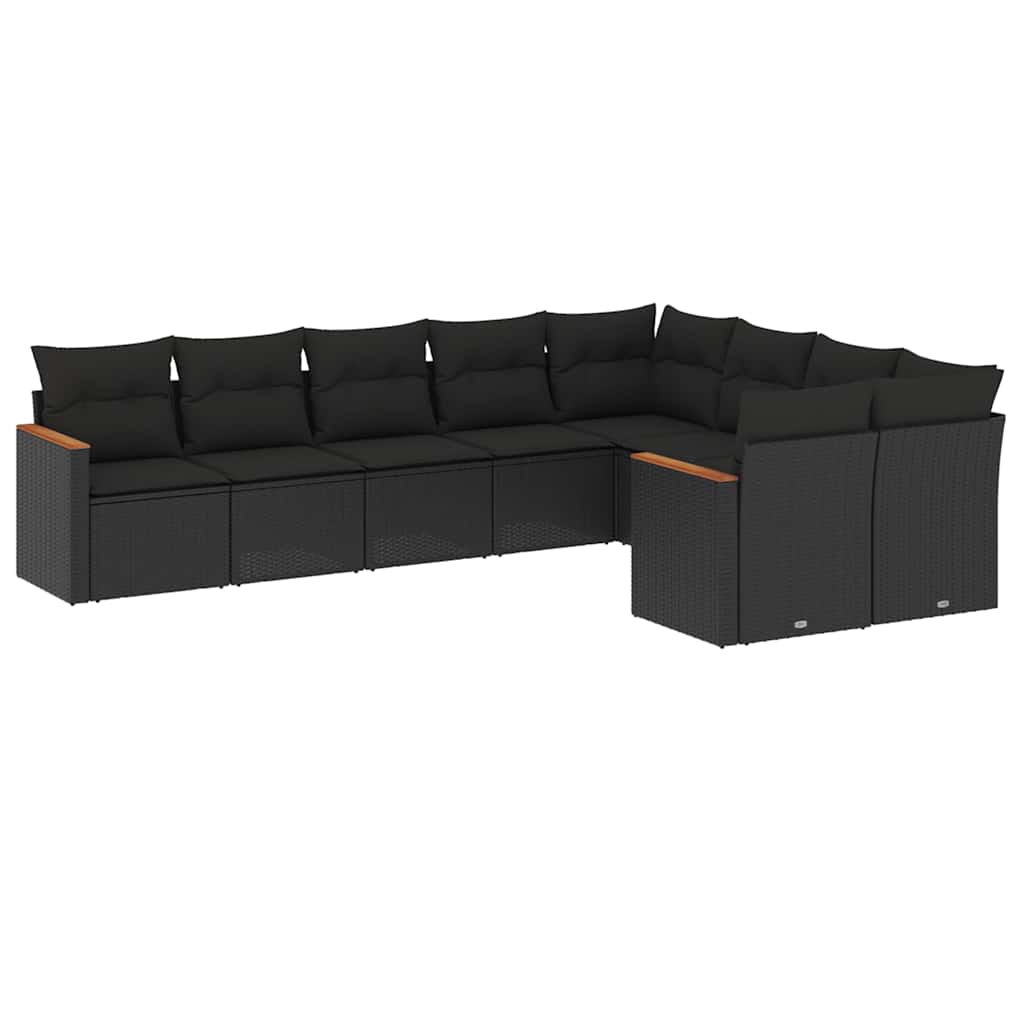 Salon de jardin 9 pcs avec coussins noir résine tressée