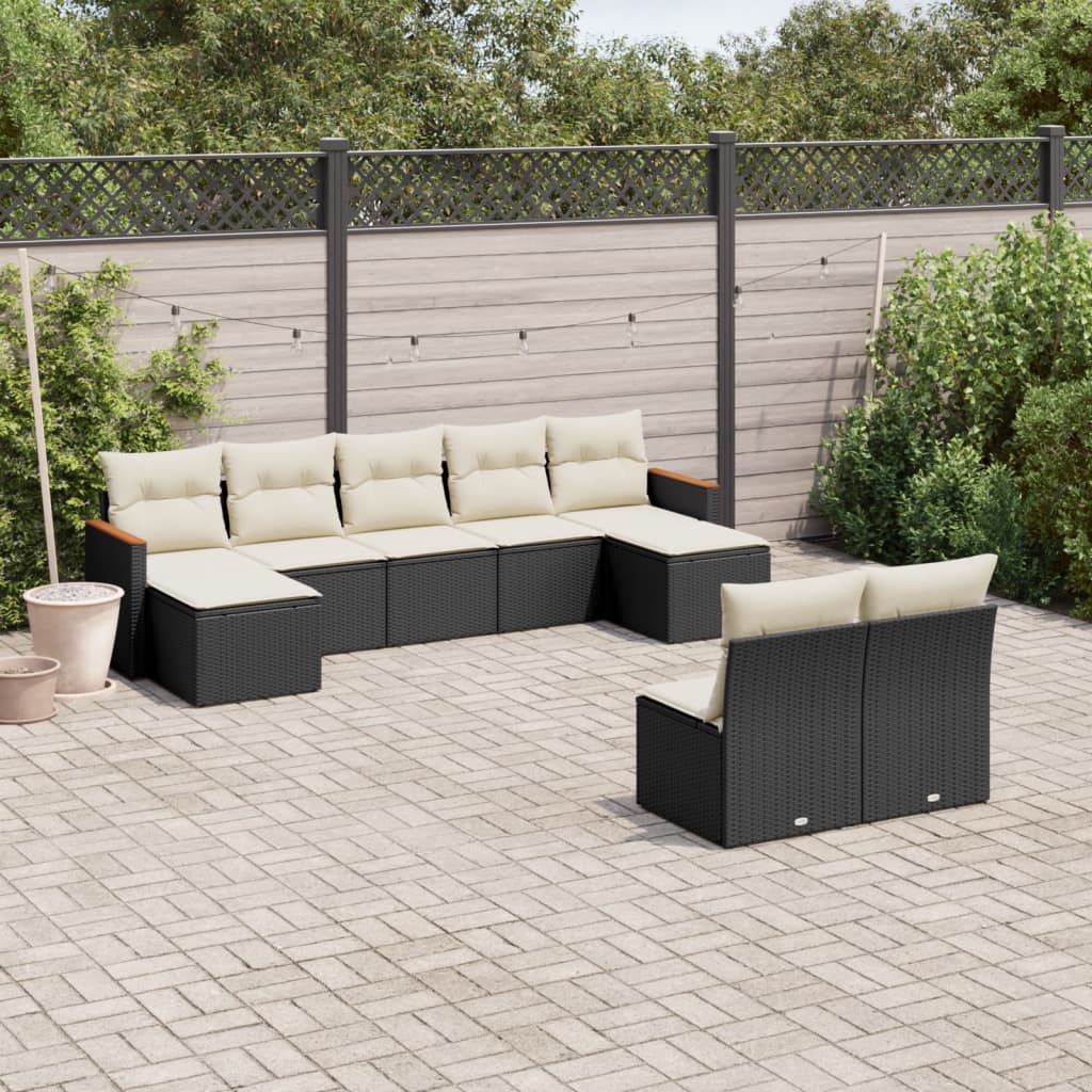 Salon de jardin 9 pcs avec coussins noir résine tressée