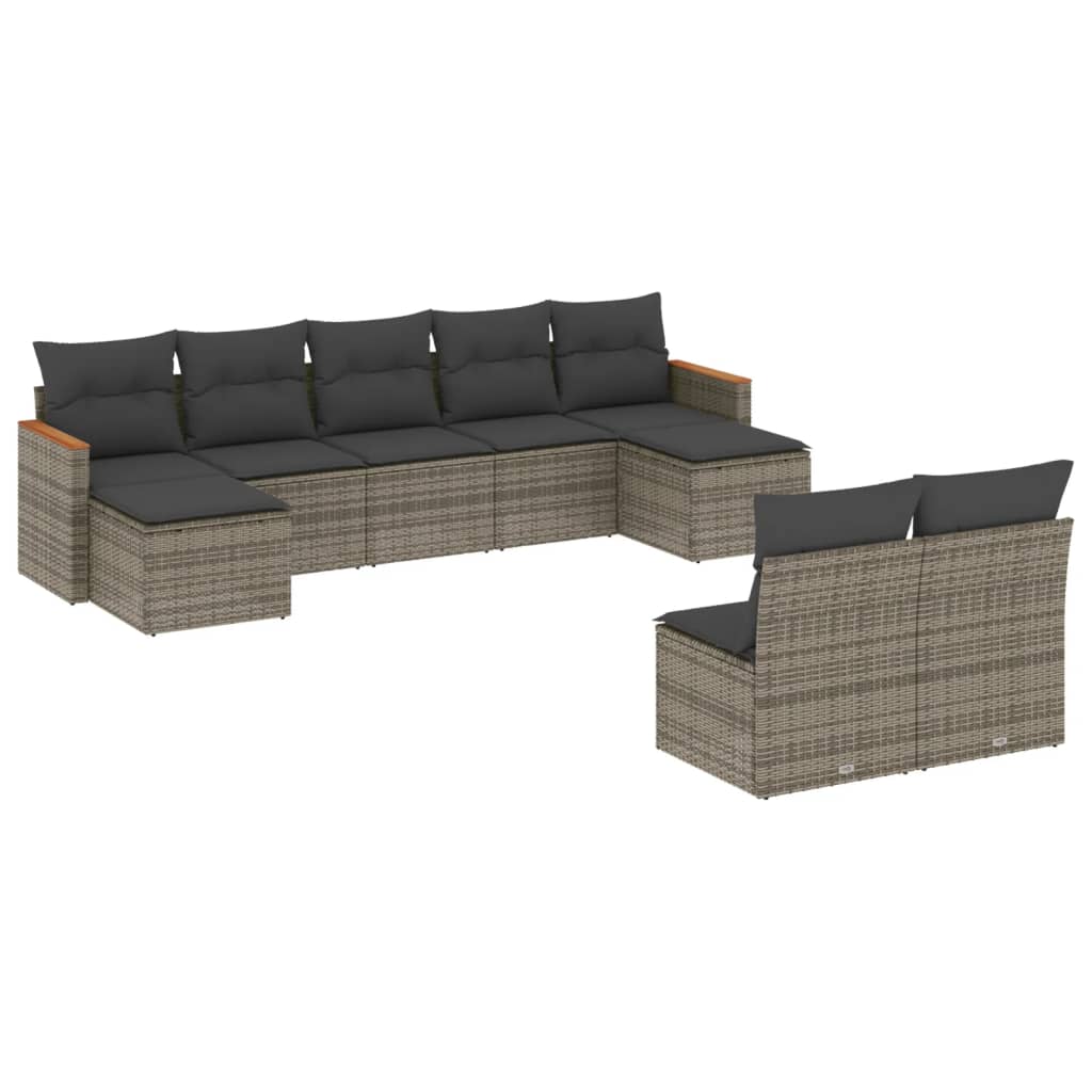 Salon de jardin 9 pcs avec coussins gris résine tressée