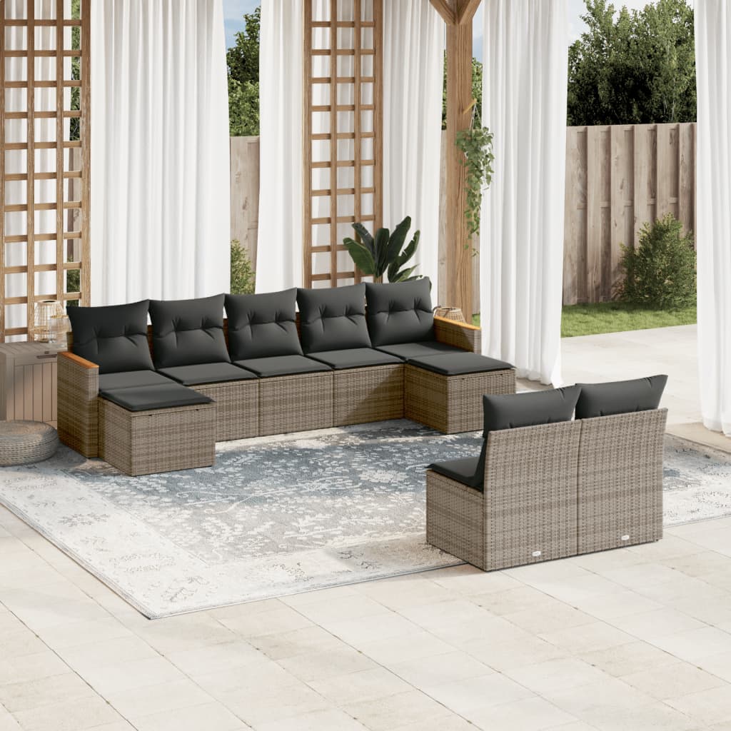 Salon de jardin 9 pcs avec coussins gris résine tressée
