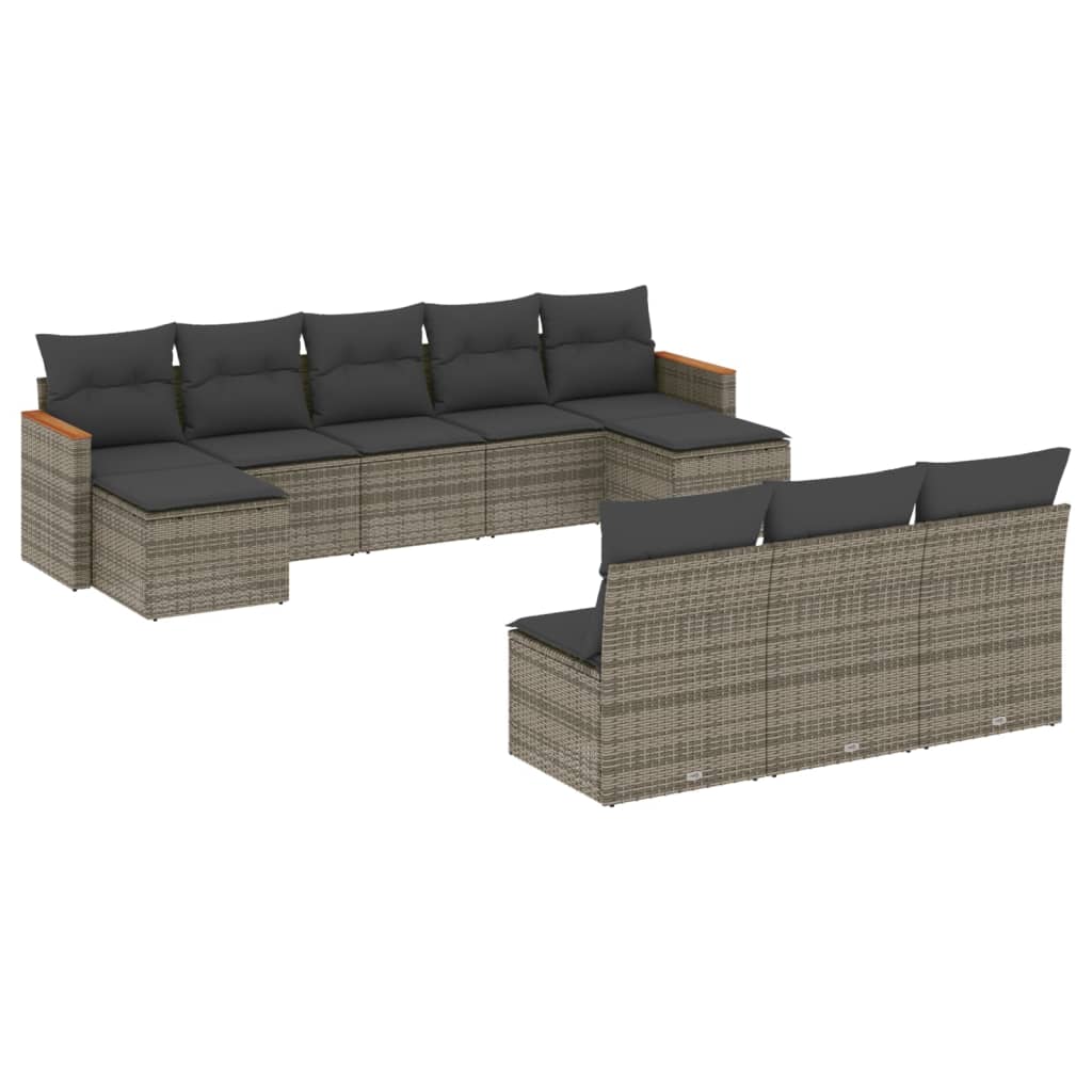 Salon de jardin avec coussins 10 pcs gris résine tressée
