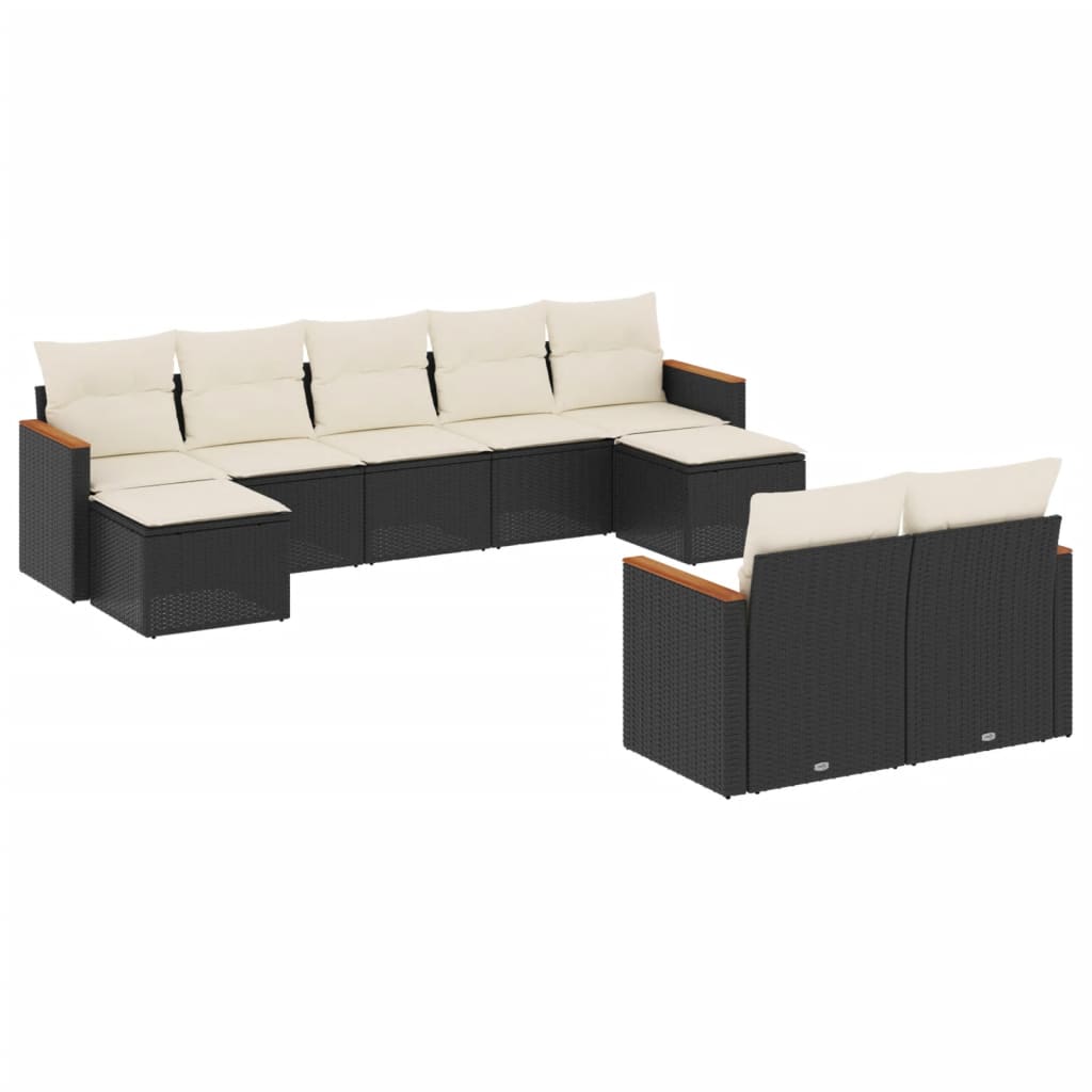 Salon de jardin 9 pcs avec coussins noir résine tressée