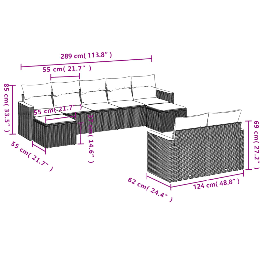 Salon de jardin avec coussins 9 pcs beige résine tressée