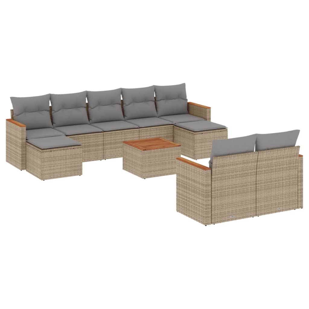 Salon de jardin avec coussins 10 pcs beige résine tressée