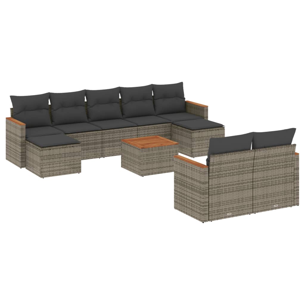 Salon de jardin avec coussins 10 pcs gris résine tressée