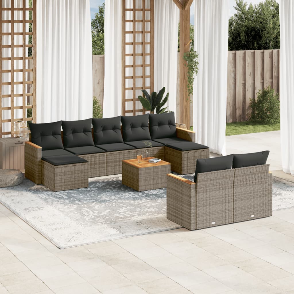Salon de jardin avec coussins 10 pcs gris résine tressée