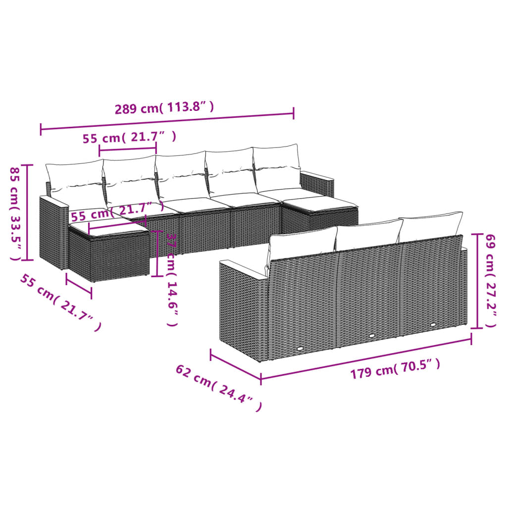 Salon de jardin avec coussins 10 pcs gris résine tressée