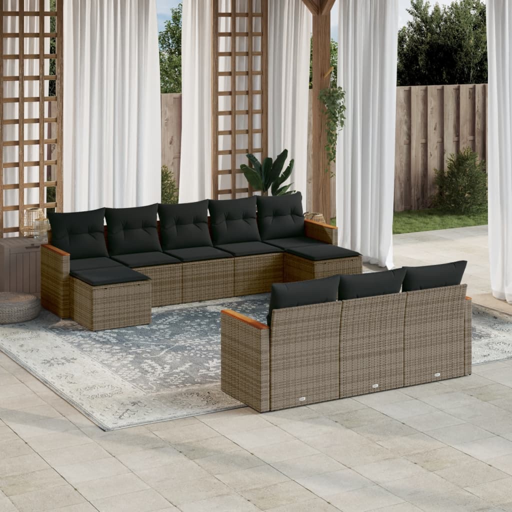 Salon de jardin avec coussins 10 pcs gris résine tressée