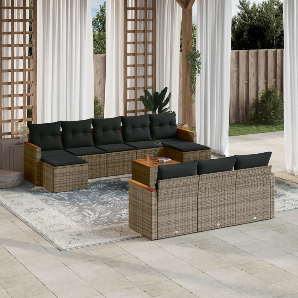 Salon de jardin 11 pcs avec coussins gris résine tressée