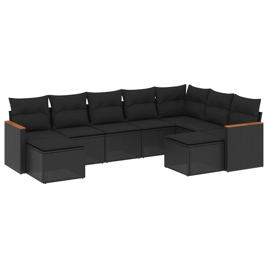Salon de jardin 9 pcs avec coussins noir résine tressée