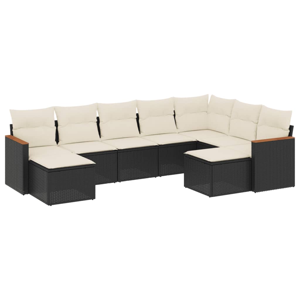 Salon de jardin 9 pcs avec coussins noir résine tressée