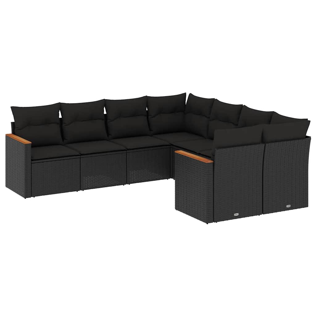 Salon de jardin 8 pcs avec coussins noir résine tressée