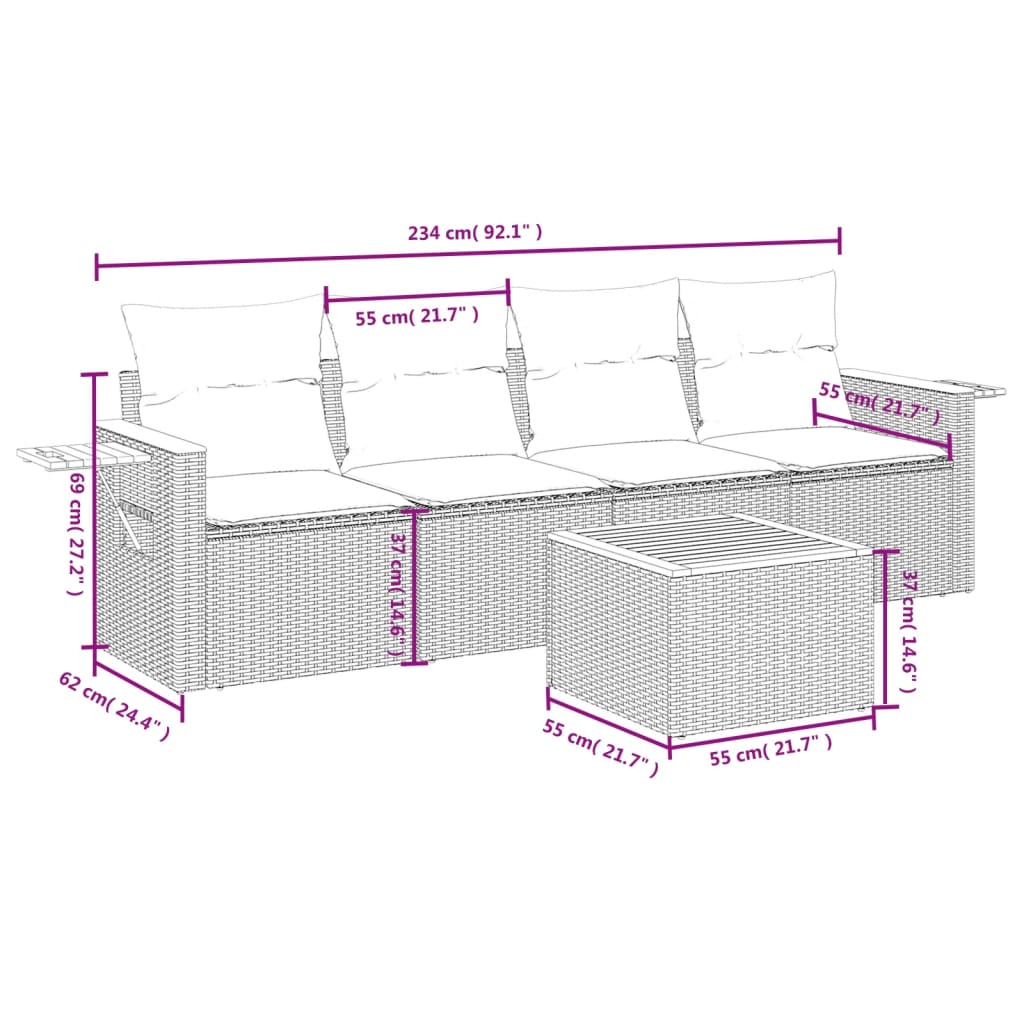 Salon de jardin avec coussins 5 pcs beige résine tressée