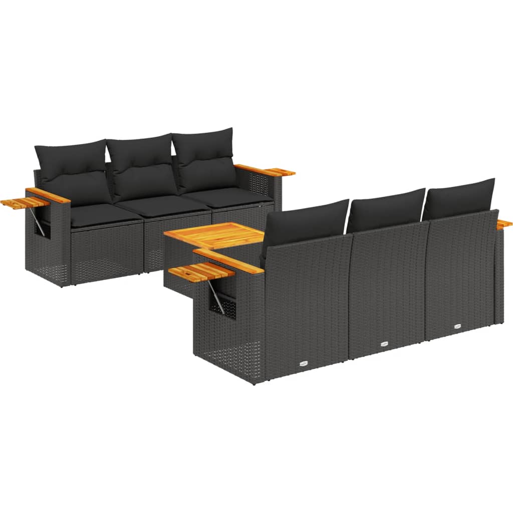 Salon de jardin 7 pcs avec coussins noir résine tressée