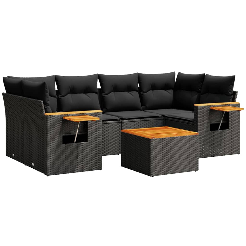 Salon de jardin 7 pcs avec coussins noir résine tressée