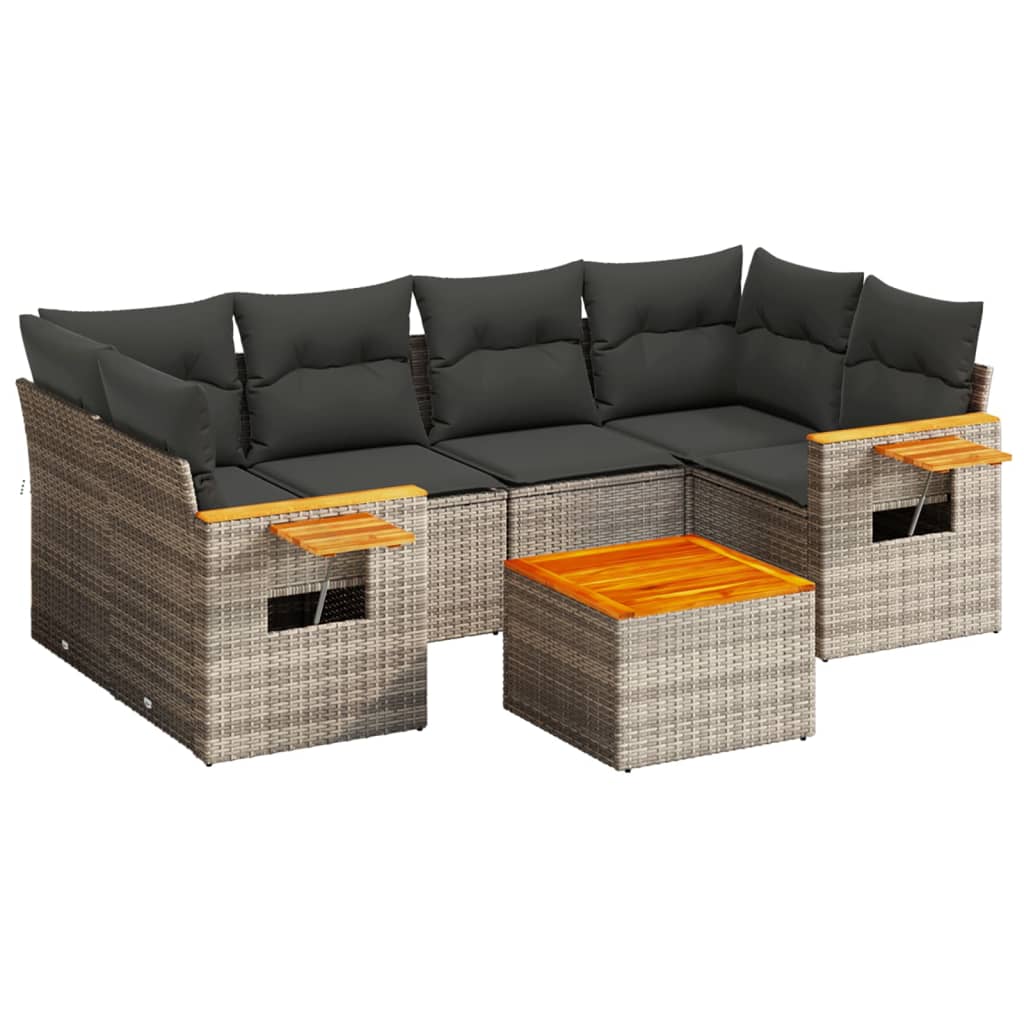 Salon de jardin avec coussins 7 pcs gris résine tressée